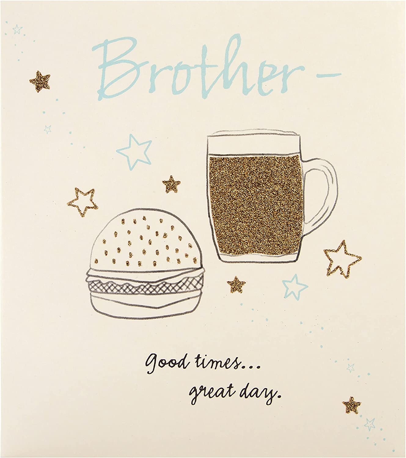 Hallmark birthday greeting card for brother featuring a glitter-embellished beer and burger design.
