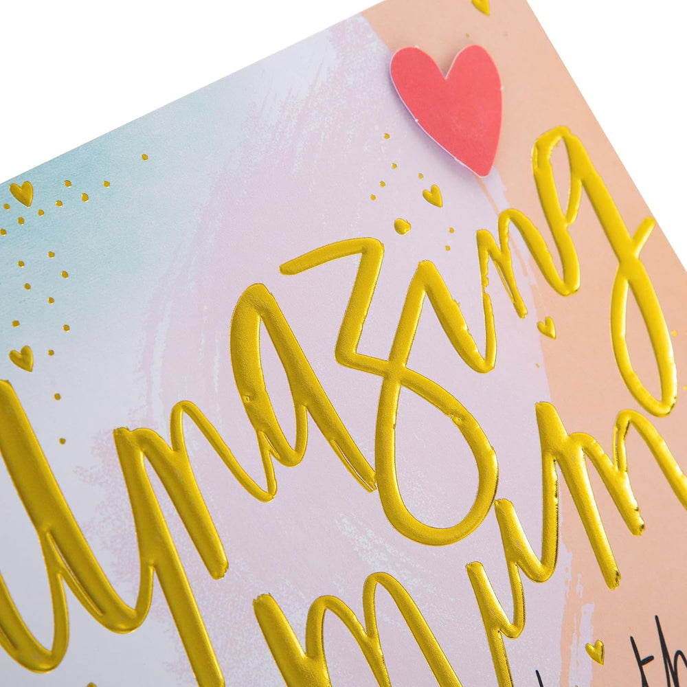 Hallmark birthday greeting card for mum with contemporary heart design and colorful illustrations on the front.