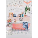 Hallmark birthday greeting card for sister featuring classic Lucy Cromwell illustrated design with cheerful floral artwork.
