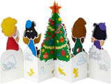 Hallmark 3D pop-up Christmas card featuring Peanuts characters Charlie Brown and Snoopy with a decorated Christmas tree.