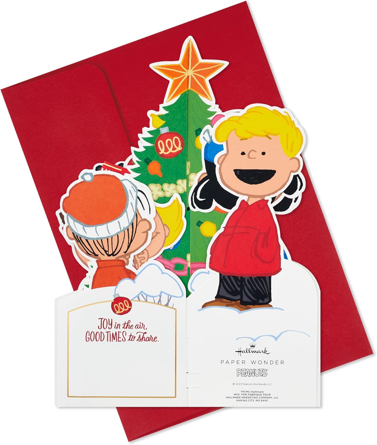 Hallmark Christmas card featuring Peanuts characters Charlie Brown and Snoopy with a 3D pop-up Christmas tree design.