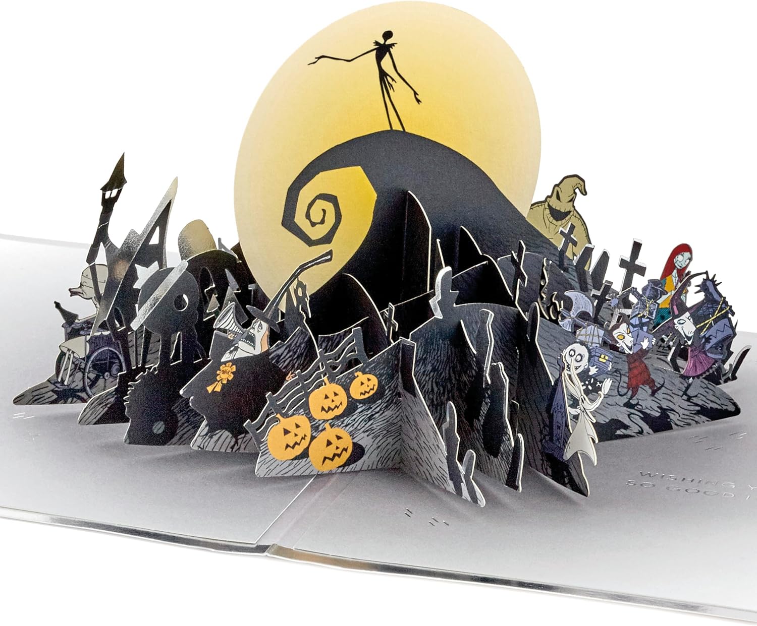 Hallmark Christmas card featuring The Nightmare Before Christmas with 3D pop-up design and gold foil details in black and navy.