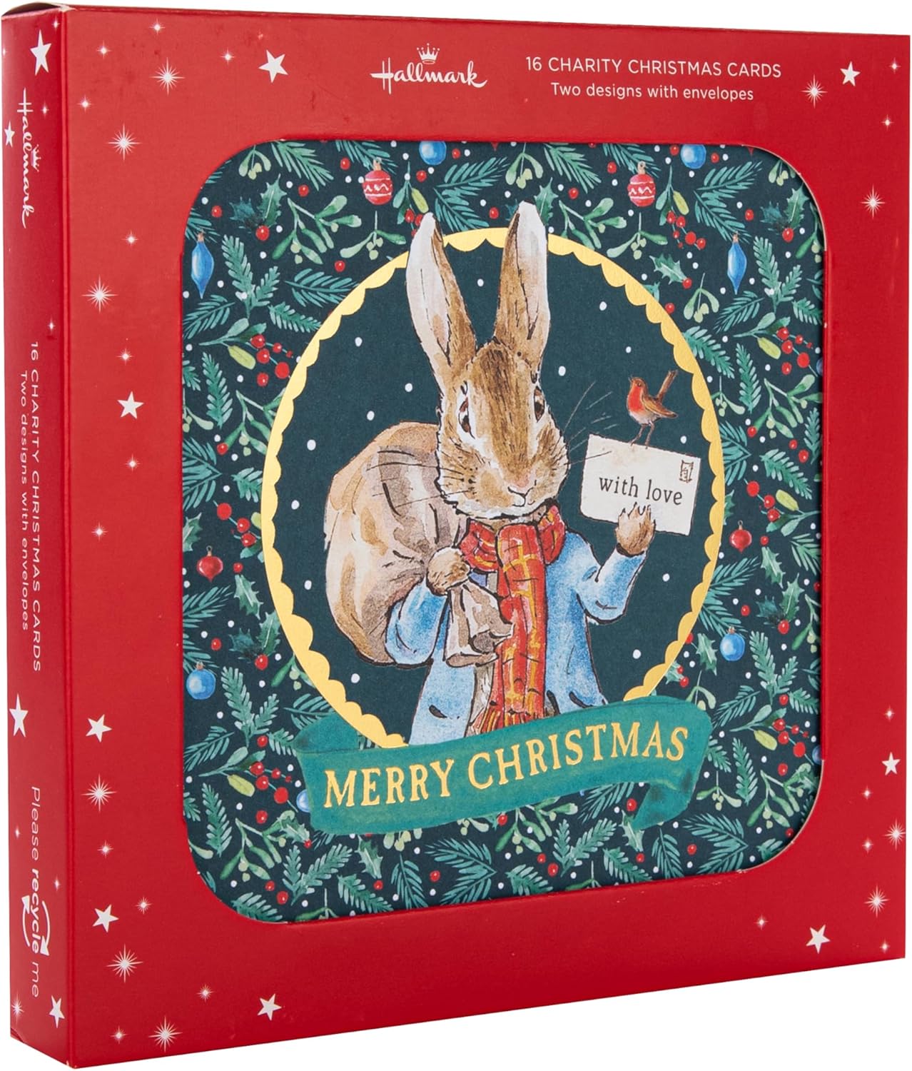 Hallmark Christmas greeting cards featuring Beatrix Potter Peter Rabbit designs with envelopes in a pack of 16.