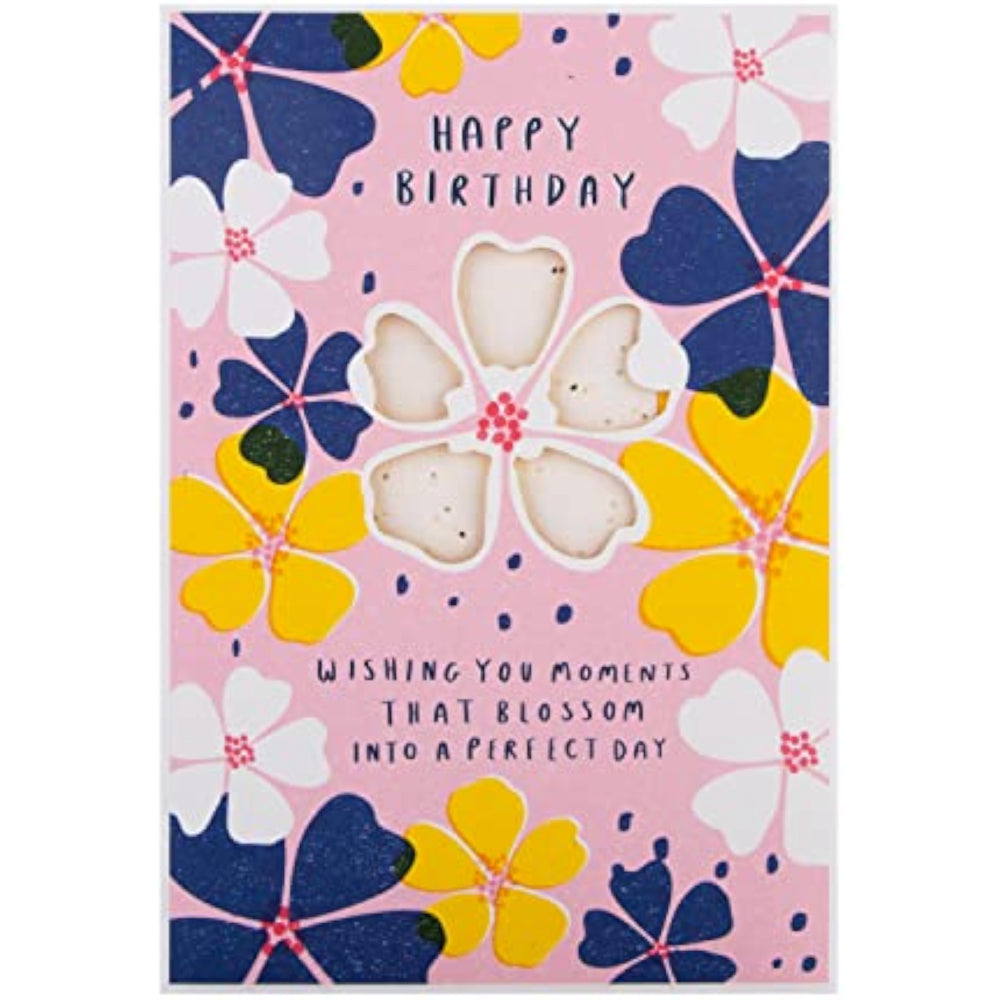 Hallmark greeting card featuring a contemporary floral design with a seeded paper insert for birthdays.