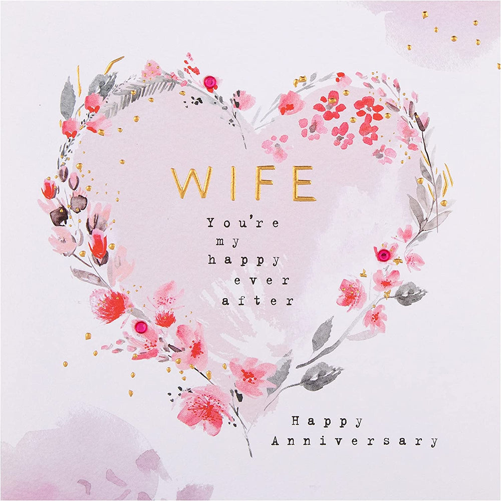 Hallmark contemporary floral heart anniversary greeting card for wife with colorful floral design and heartfelt message.