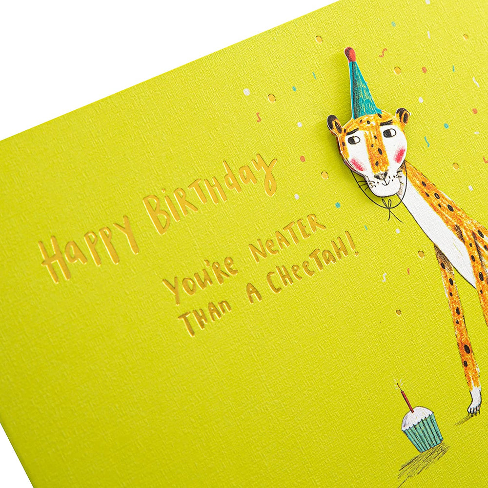 Hallmark contemporary illustrated cheetah design birthday greeting card with colorful artwork and playful animal illustration.