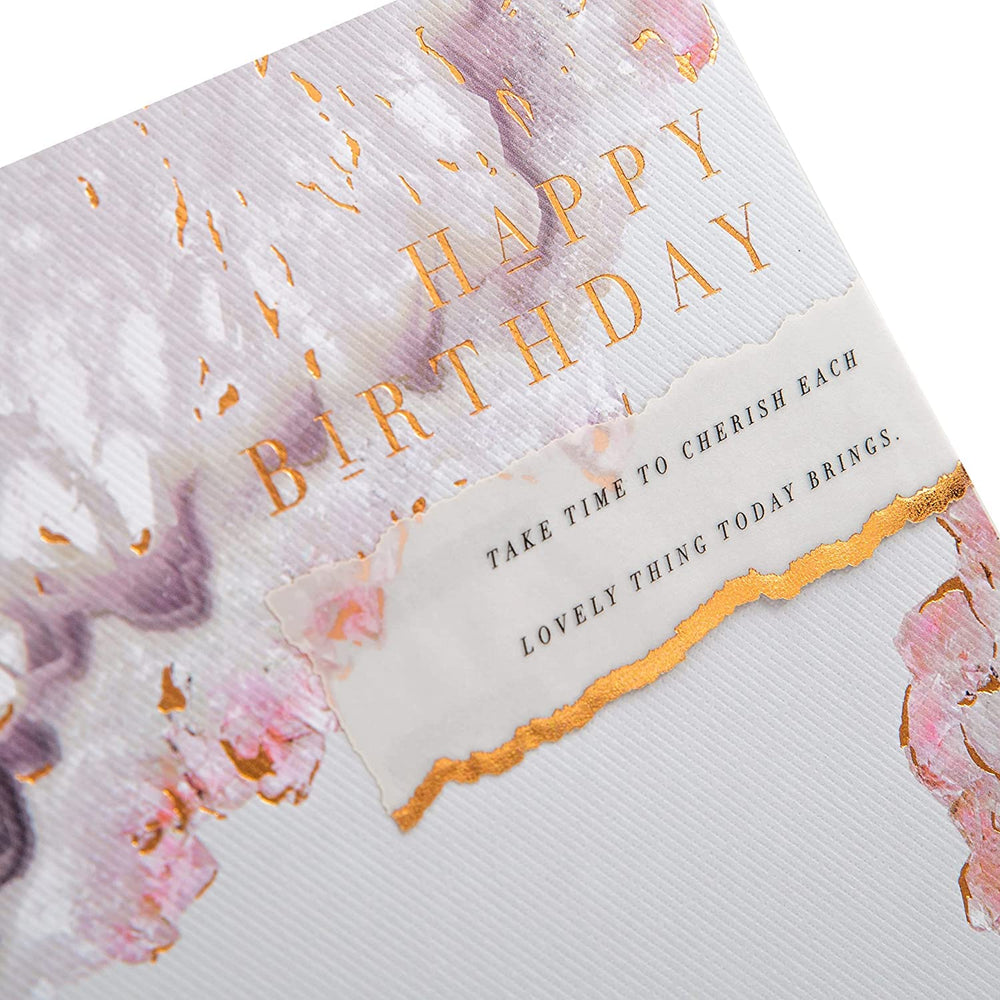 Hallmark contemporary marbled birthday greeting card with modern design and colorful marbled pattern on the front.
