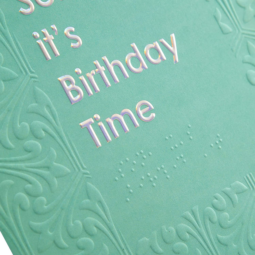 Hallmark Braille birthday greeting card with contemporary patterned design for son, featuring embossed Braille and colorful artwork.