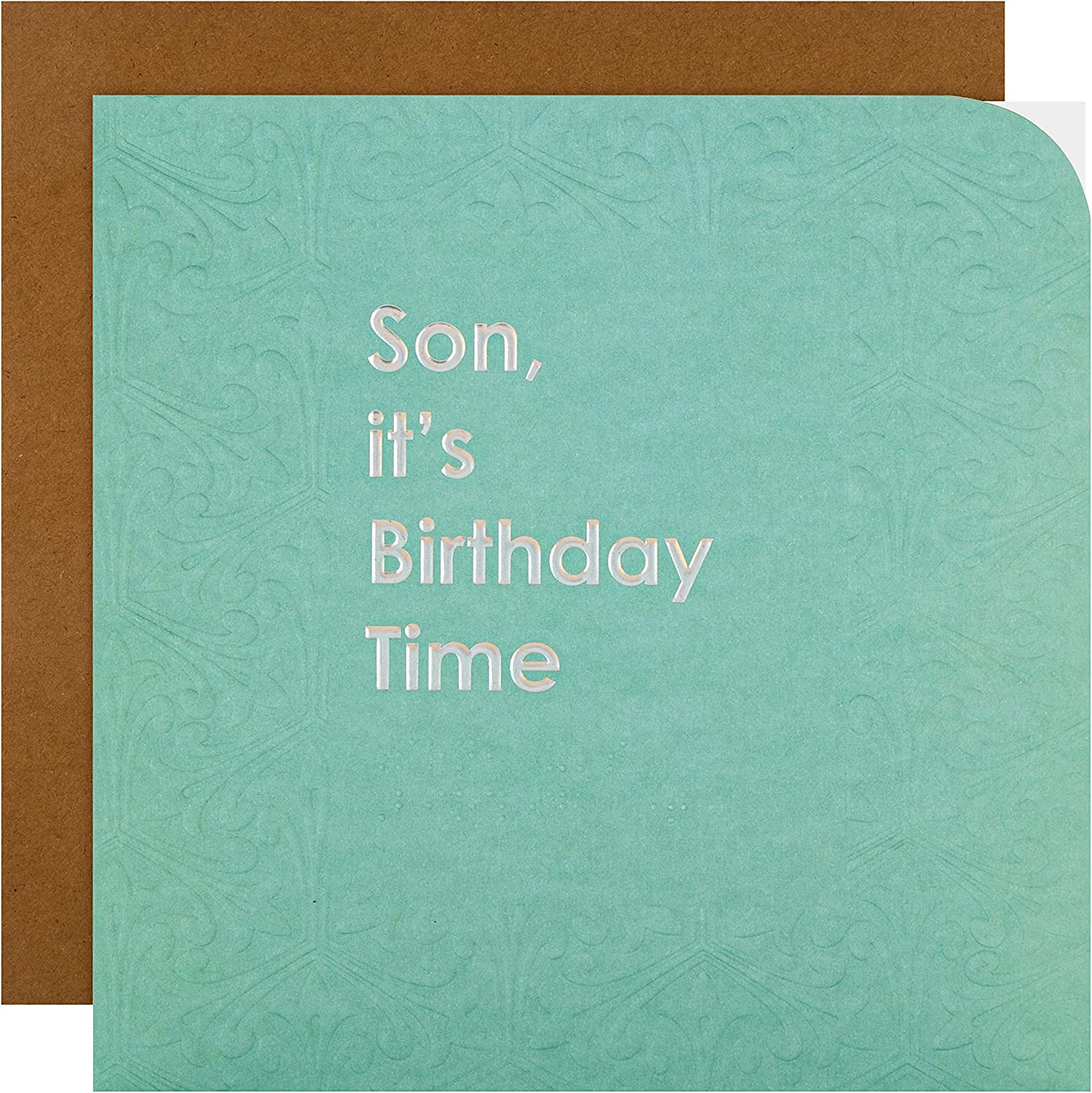 Hallmark greeting card with contemporary patterned design and braille for son's birthday, featuring colorful illustrations and embossed details.