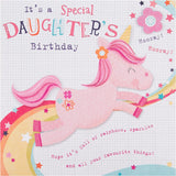 Hallmark greeting card featuring a cute jumping unicorn and rainbow design, perfect for a daughter's birthday celebration.