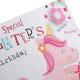 Hallmark greeting card featuring a cute jumping unicorn and rainbow design for a daughter's birthday celebration.