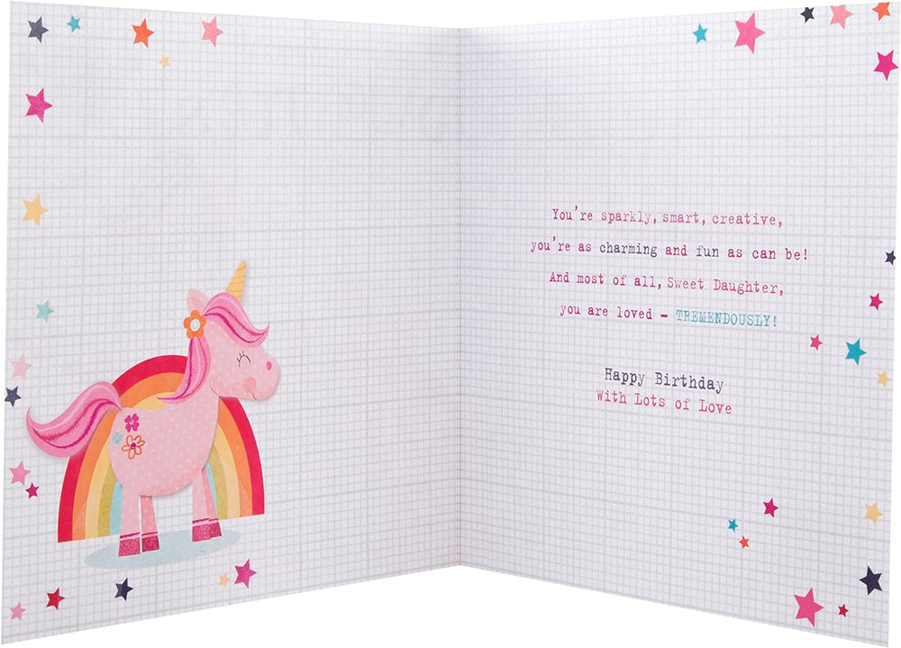 Hallmark greeting card featuring a cute jumping unicorn and rainbow design, perfect for a daughter's birthday celebration.