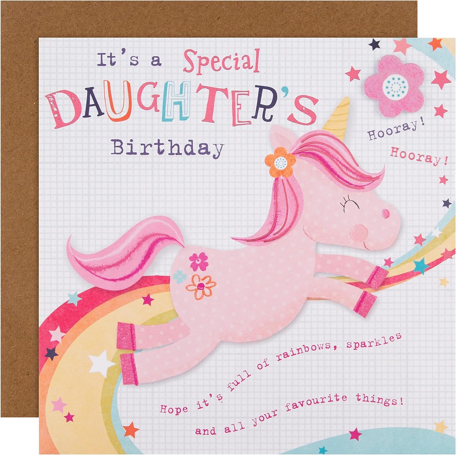 Hallmark greeting card featuring a cute jumping unicorn and rainbow design, perfect for daughter's birthday celebration.