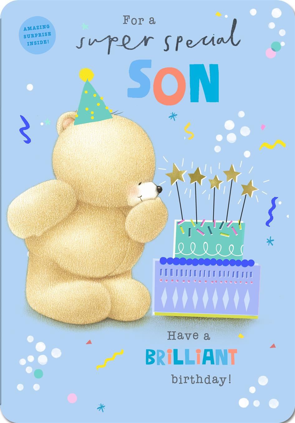 Hallmark cute teddy bear birthday card for son with stars, cake, and party hat design, featuring colorful, cheerful illustrations.