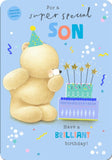 Hallmark cute teddy bear birthday card for son with stars, cake, and party hat design, featuring colorful, cheerful illustrations.
