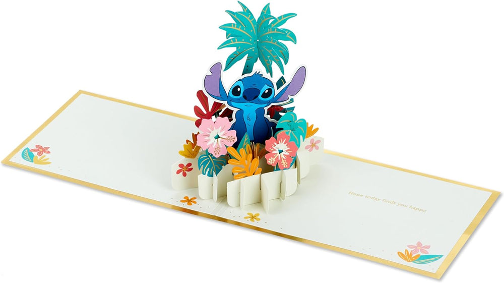 Hallmark Disney Lilo & Stitch 3D pop-up greeting card featuring Stitch with Hawaiian flowers and tropical design.