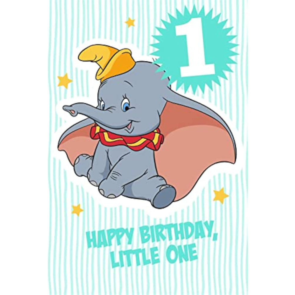 Hallmark Disney Dumbo 1st birthday greeting card featuring Dumbo the elephant and colorful birthday-themed design.