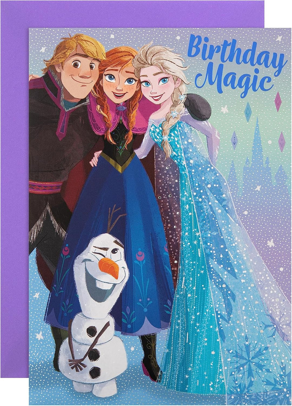 Hallmark Disney Frozen birthday greeting card featuring characters Elsa and Anna with festive design and colorful holiday accents.