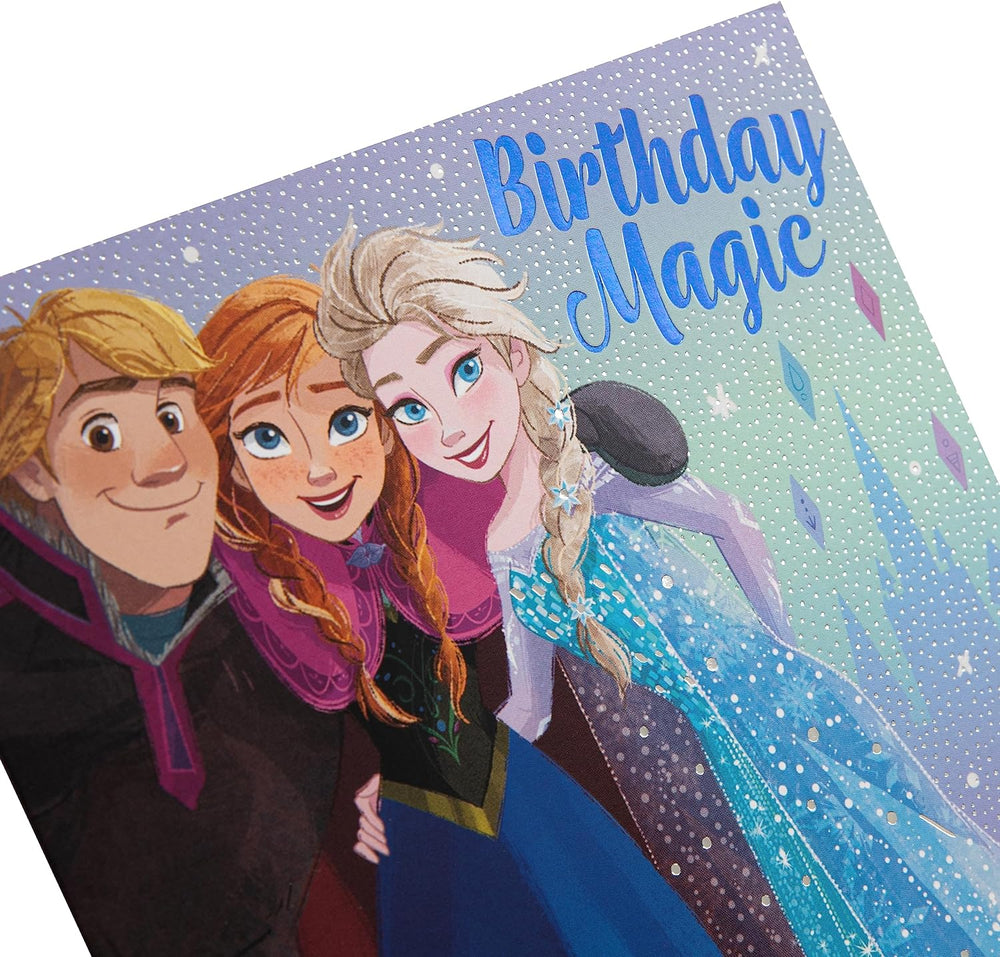 Hallmark Disney Frozen birthday greeting card featuring characters Elsa and Anna with festive winter design.