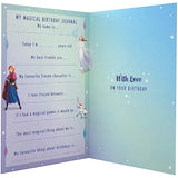Hallmark Disney Frozen daughter birthday greeting card featuring Elsa and Anna with colorful winter-themed design.