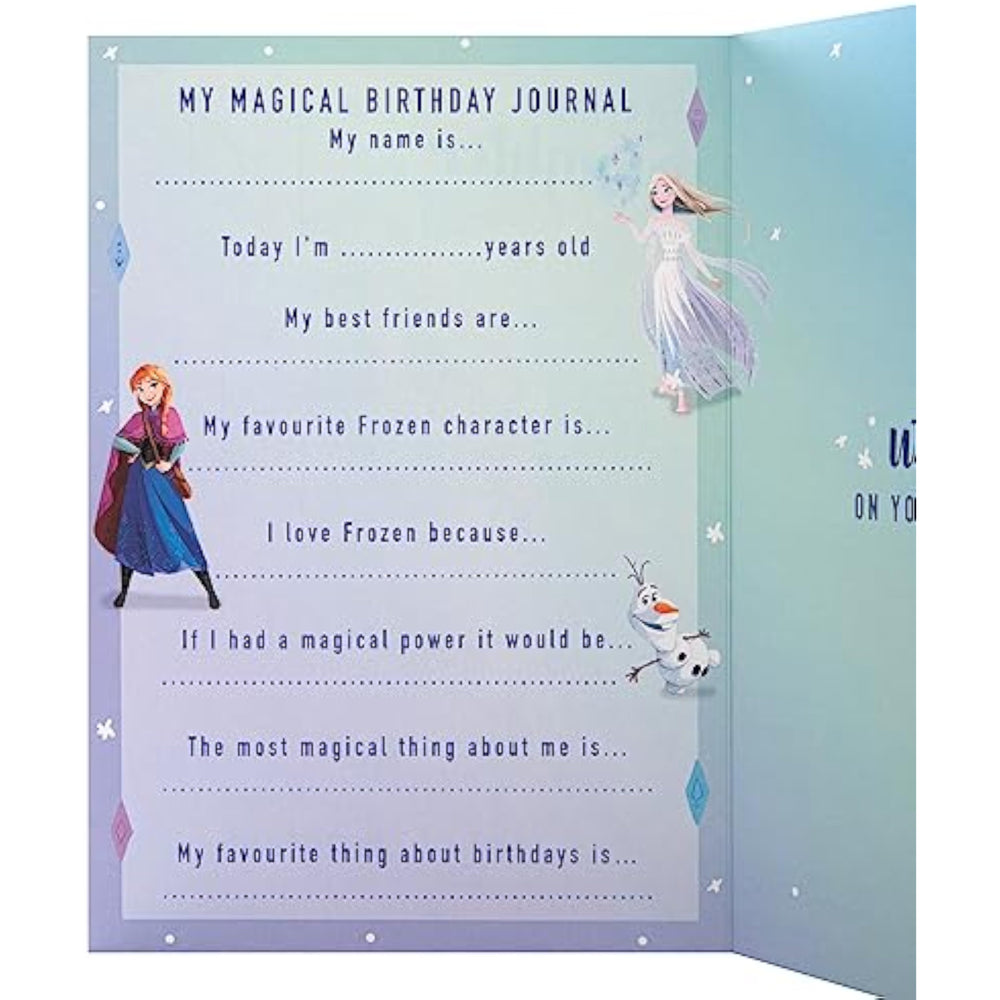 Hallmark Disney Frozen daughter birthday greeting card featuring Elsa and Olaf with colorful winter-themed design.