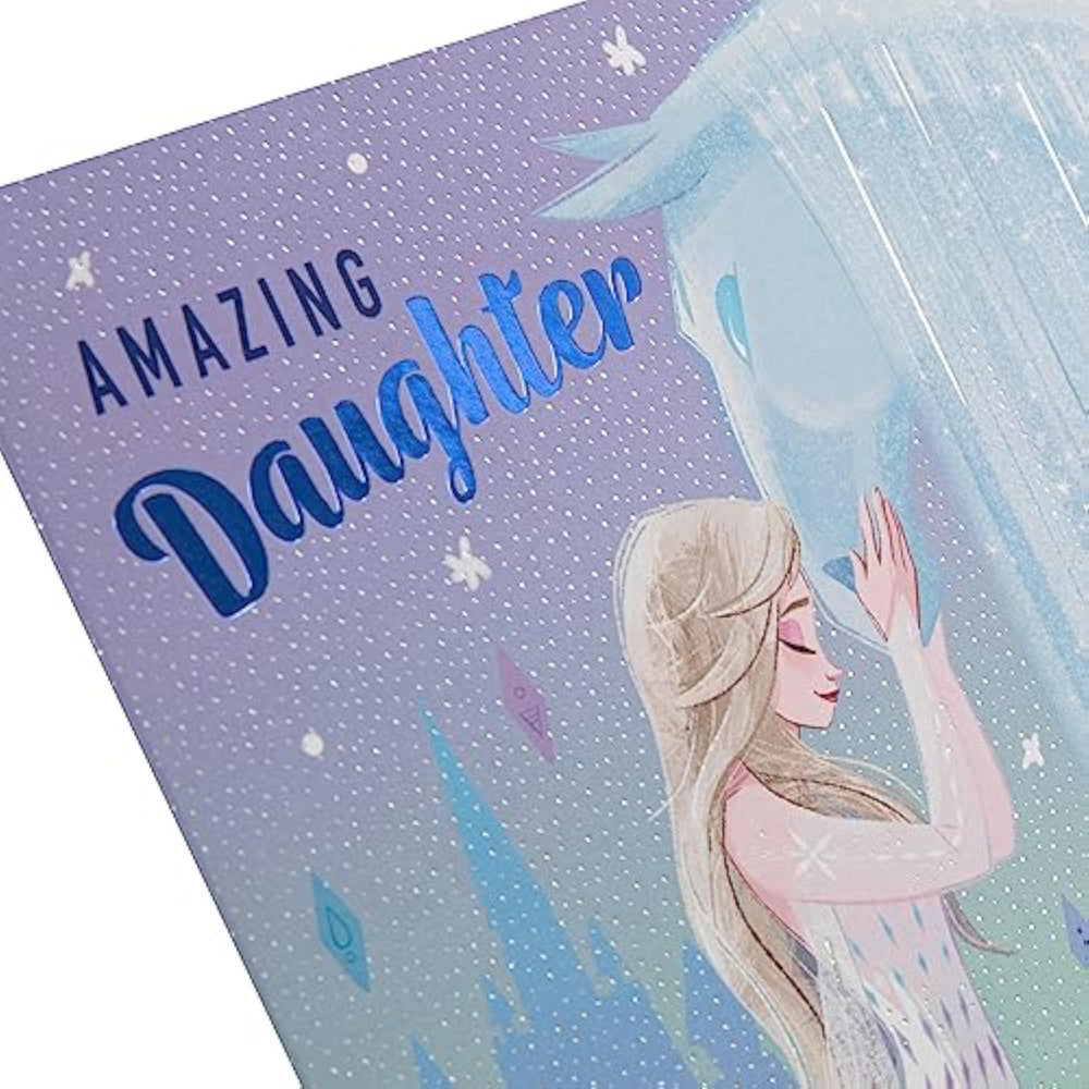 Hallmark Disney Frozen daughter birthday greeting card featuring Elsa and Anna with colorful winter designs.