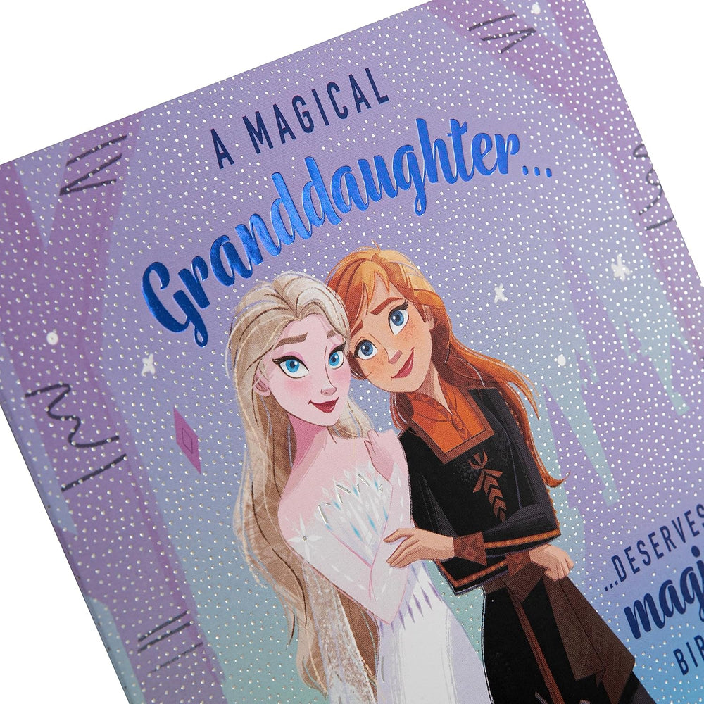Hallmark Disney Frozen granddaughter birthday greeting card featuring Elsa and Anna with colorful winter-themed design