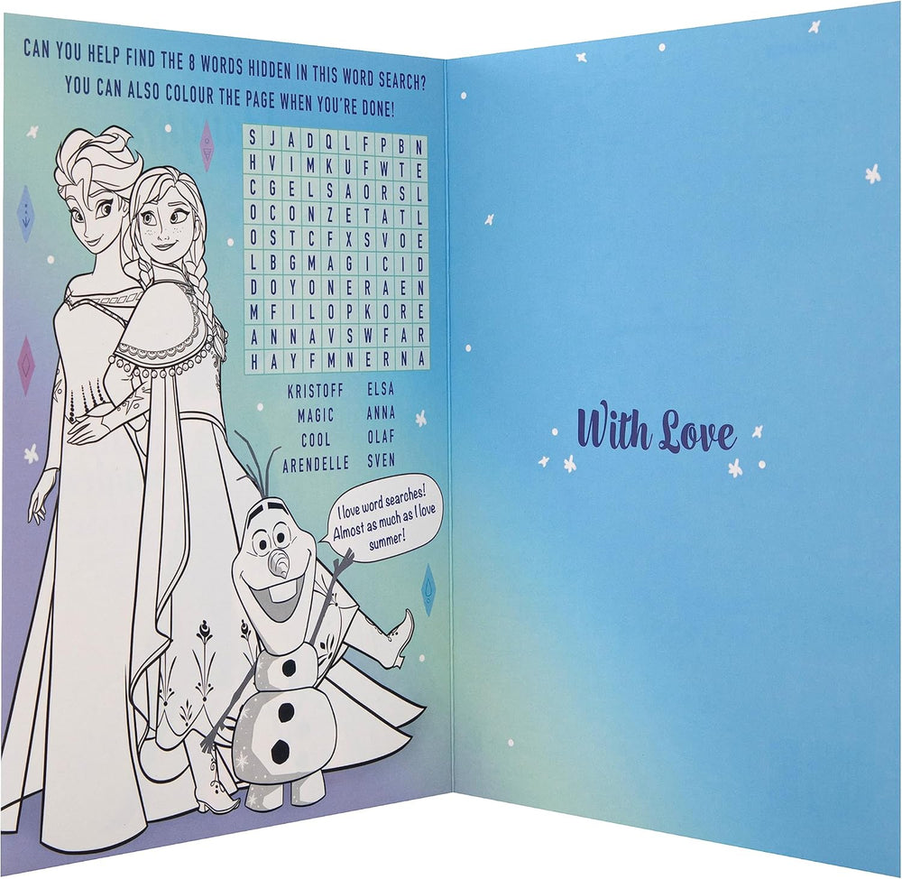 Hallmark Disney Frozen granddaughter birthday greeting card with Elsa and Anna illustrations and festive design.
