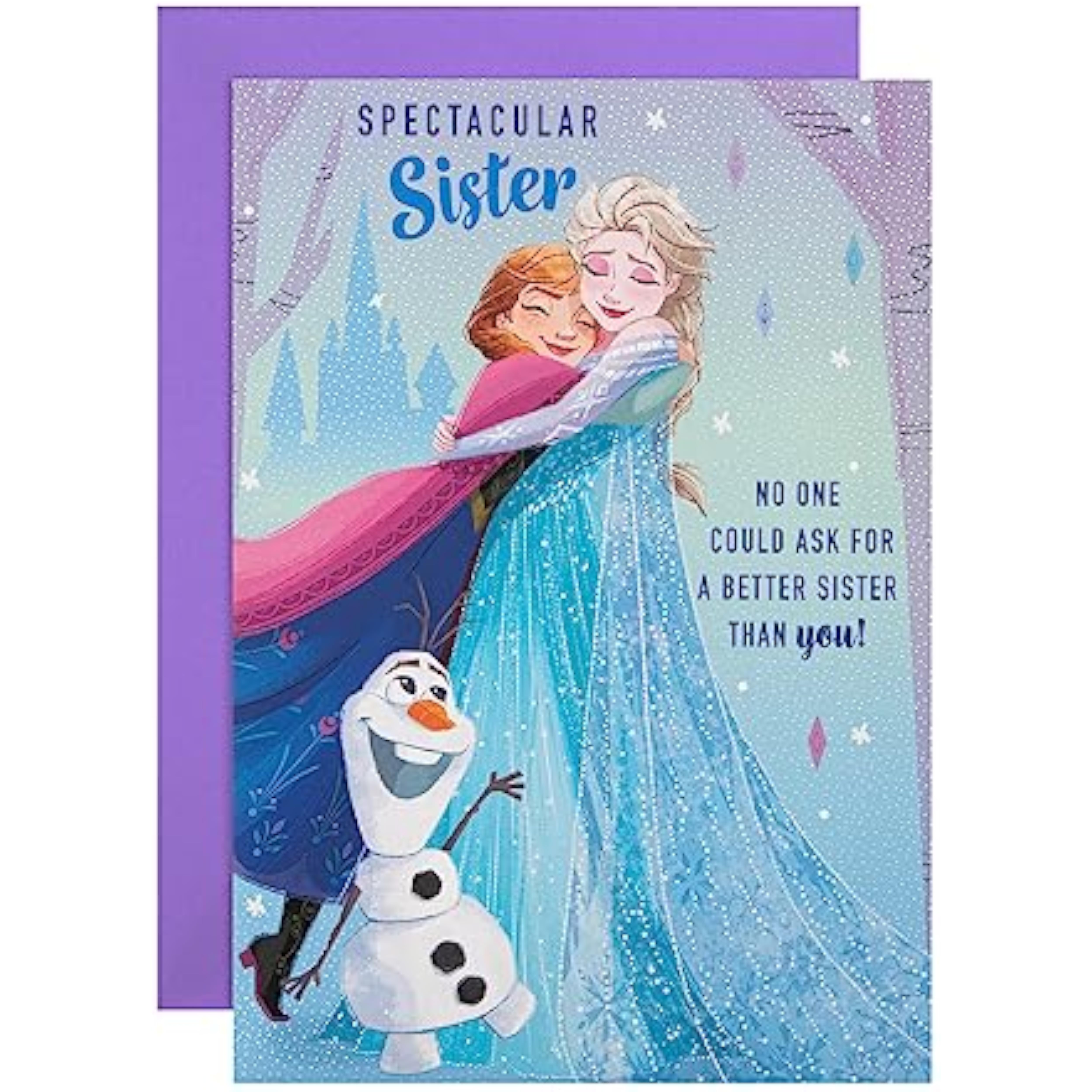 Hallmark Disney Frozen sister birthday greeting card with colorful Frozen characters and festive design.