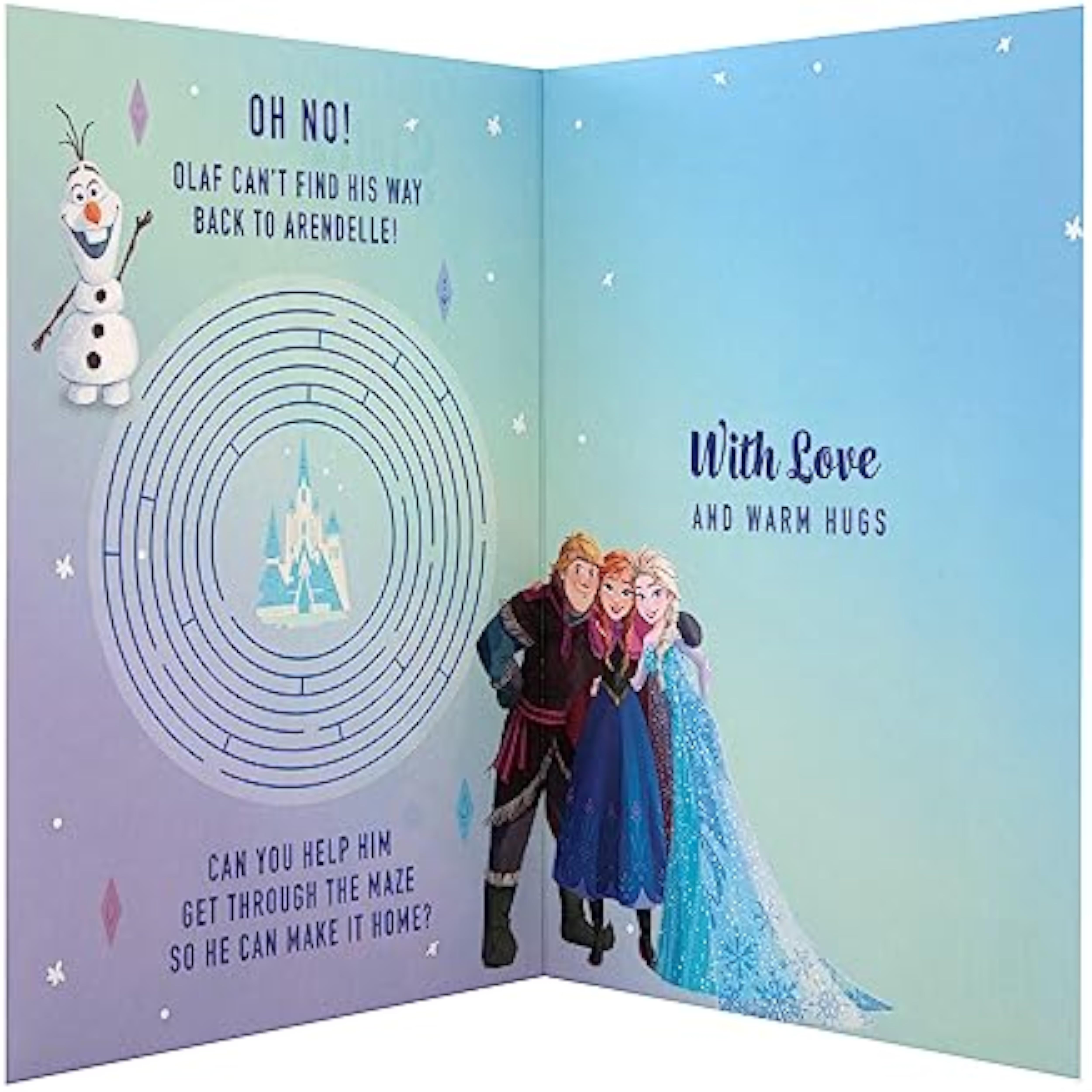 Hallmark Disney Frozen sister birthday greeting card featuring characters Elsa and Anna with festive design.