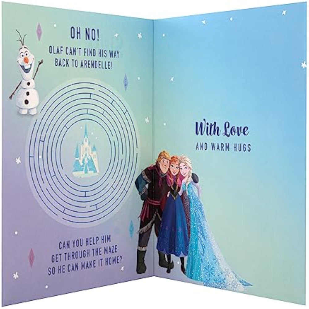 Hallmark Disney Frozen sister birthday greeting card featuring characters Elsa and Anna with festive design.
