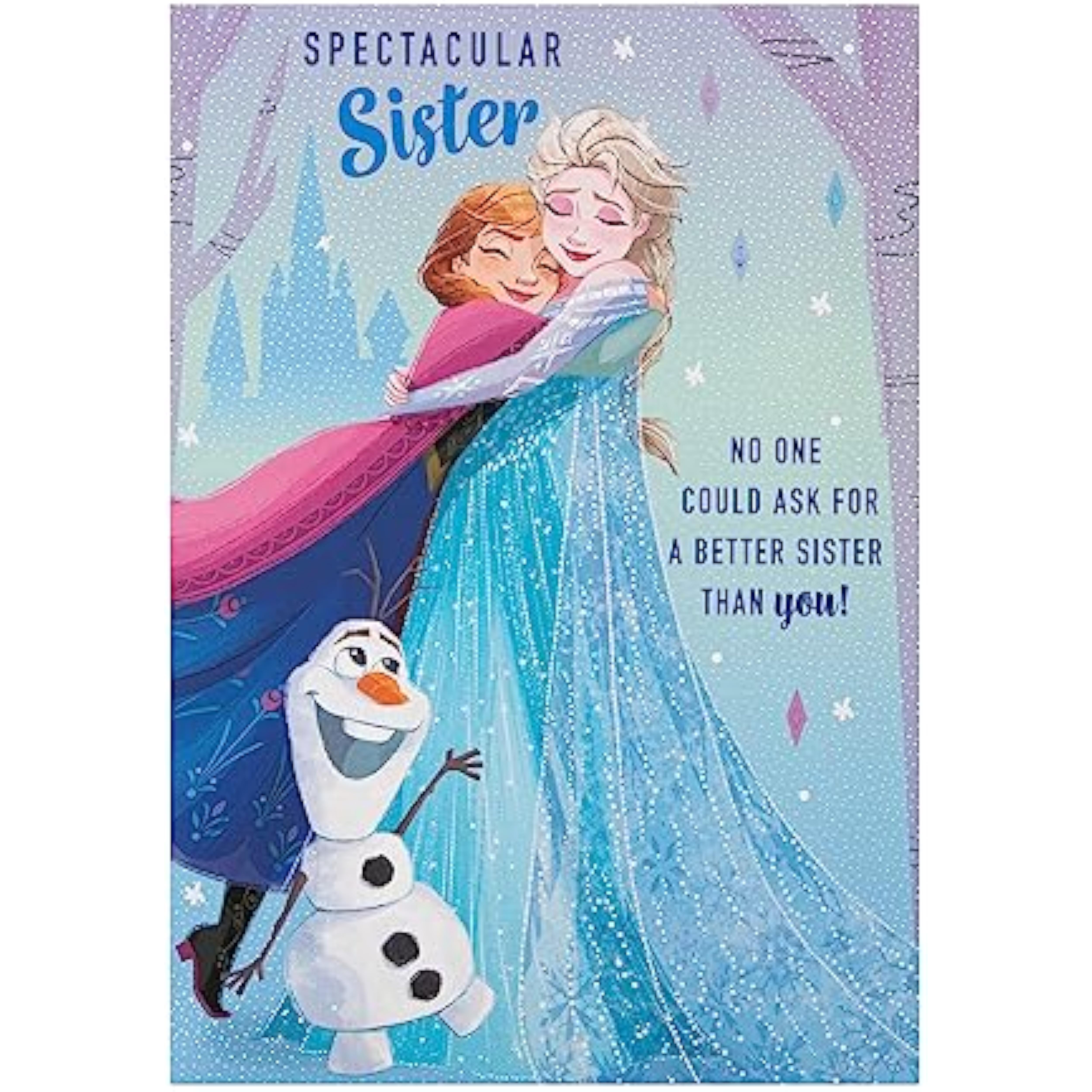Hallmark Disney Frozen sister birthday greeting card featuring Elsa and Anna with winter-themed design and colorful accents.