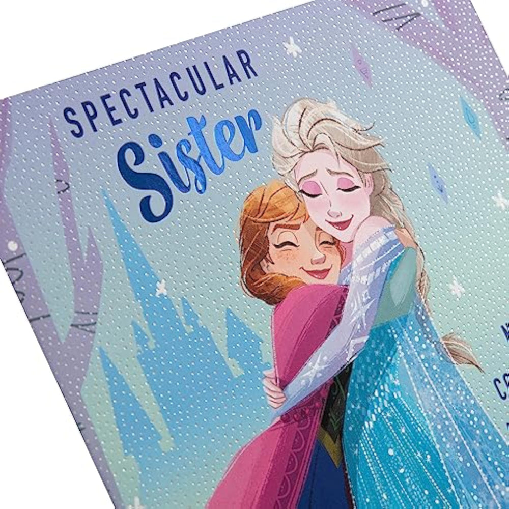 Hallmark Disney Frozen Sister birthday greeting card featuring Anna and Elsa with festive snowflake design.