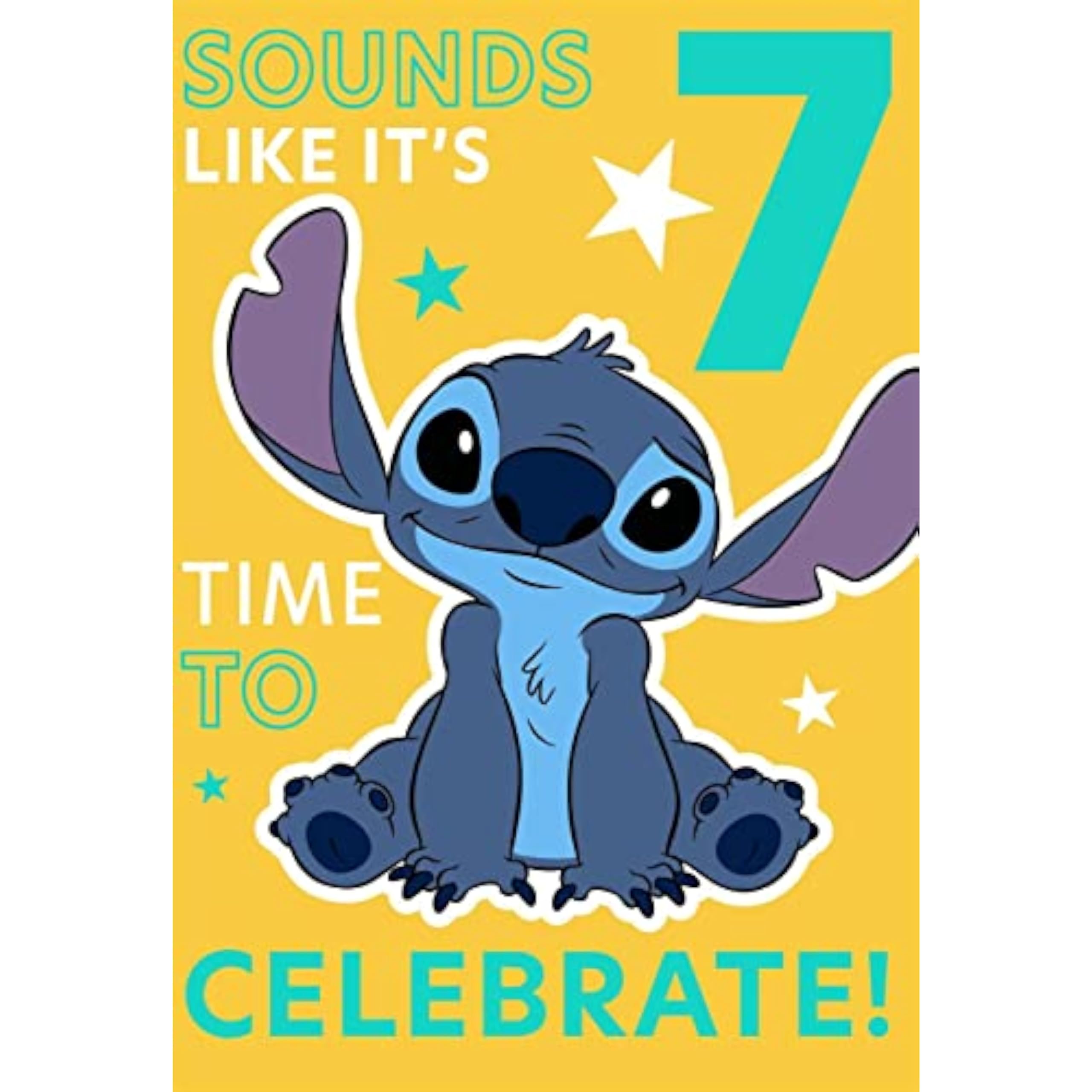 Hallmark Disney Lillo & Stitch 7th birthday greeting card with colorful character illustrations and festive design.