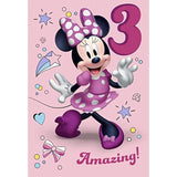 Hallmark Disney Minnie Mouse 3rd birthday greeting card with colorful Minnie illustration and festive design.