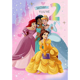 Hallmark Disney Princess 2nd birthday greeting card featuring colorful princess illustrations and celebratory design elements.