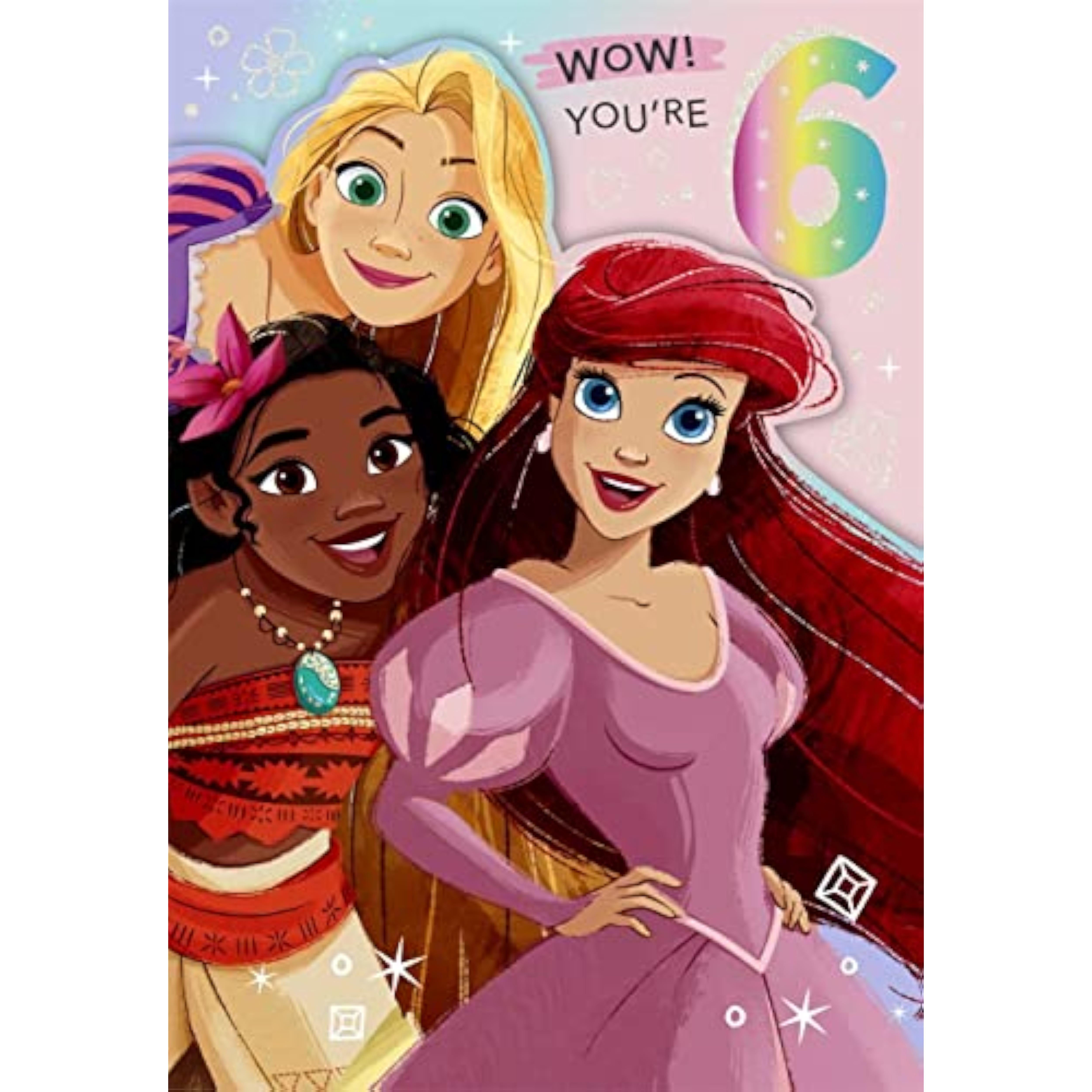 Hallmark Disney Princess 6th birthday greeting card with colorful princess illustrations and celebratory design.