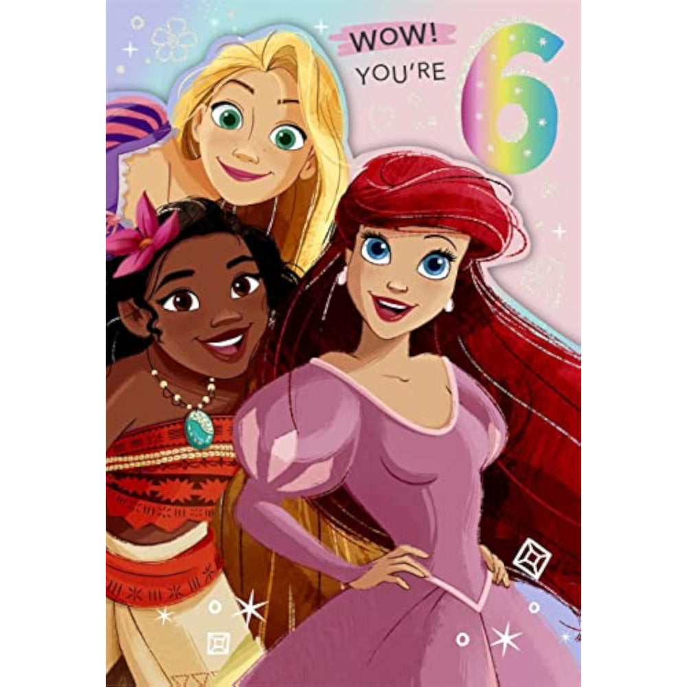 Hallmark Disney Princess 6th birthday greeting card with colorful princess illustrations and celebratory design.