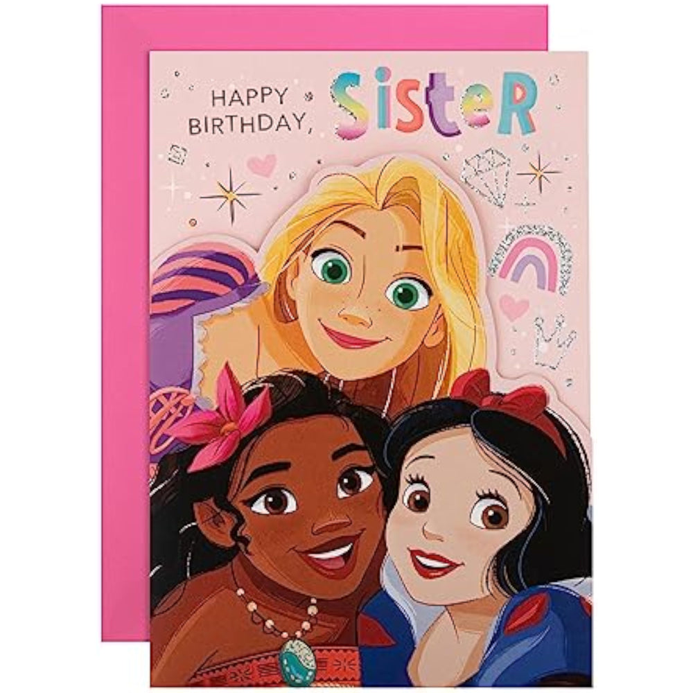 Hallmark Disney Princesses birthday greeting card featuring colorful illustrations of Disney princesses and festive design.