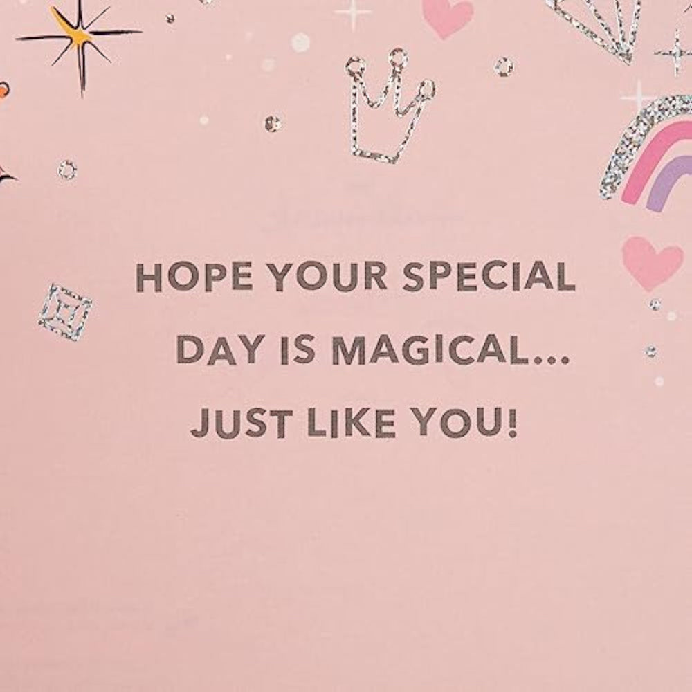 Hallmark Disney Princesses birthday greeting card featuring colorful princess characters and festive design elements.