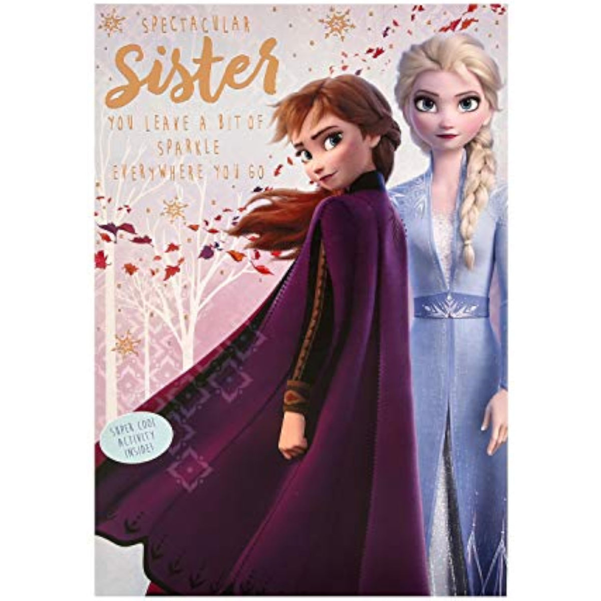 Hallmark Disney Frozen birthday card for sister featuring Elsa and Anna, with spot the difference activity inside.