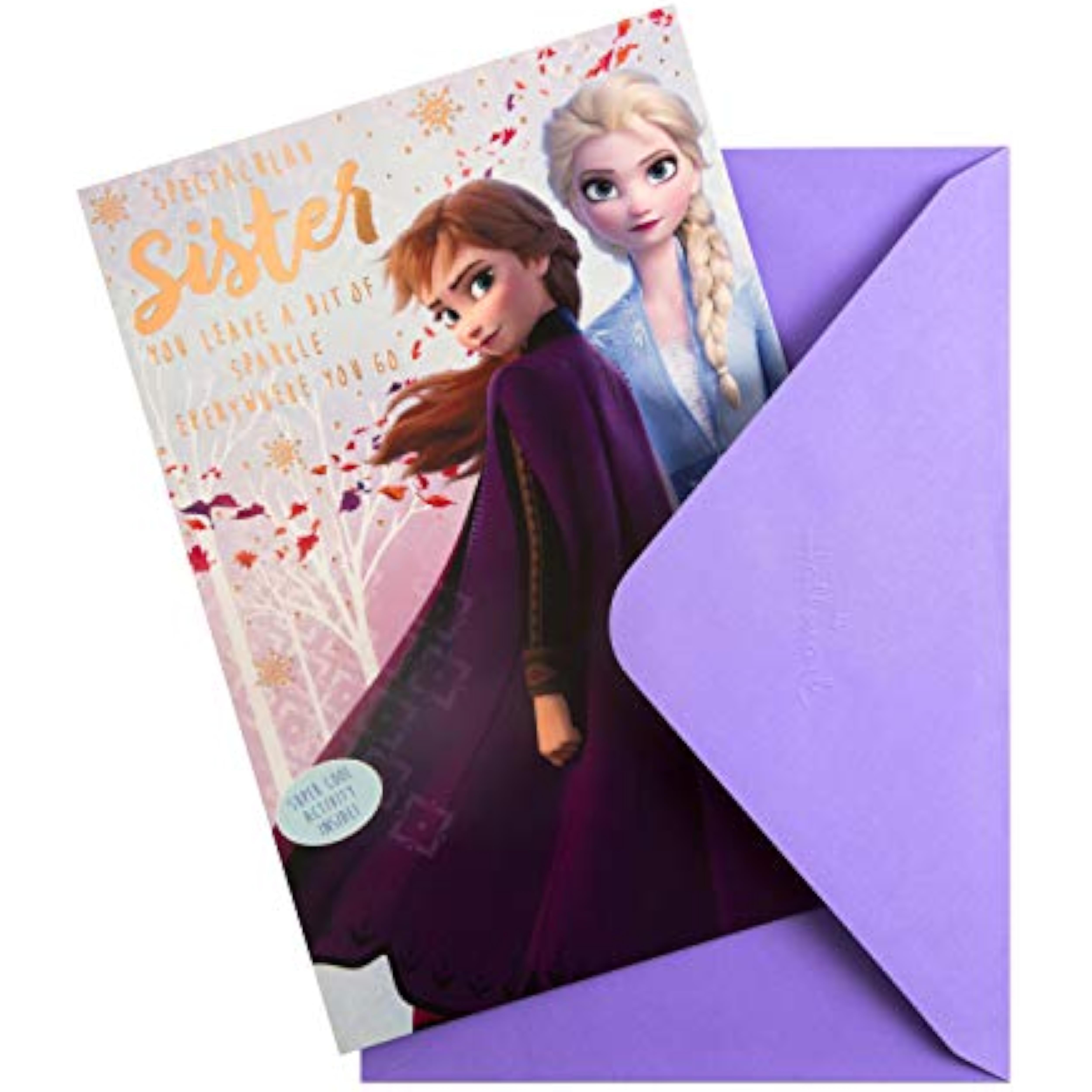 Hallmark Disney Frozen birthday greeting card for sister featuring Elsa and Anna with a spot the difference activity inside.