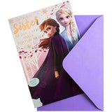 Hallmark Disney Frozen birthday greeting card for sister featuring Elsa and Anna with a spot the difference activity inside.