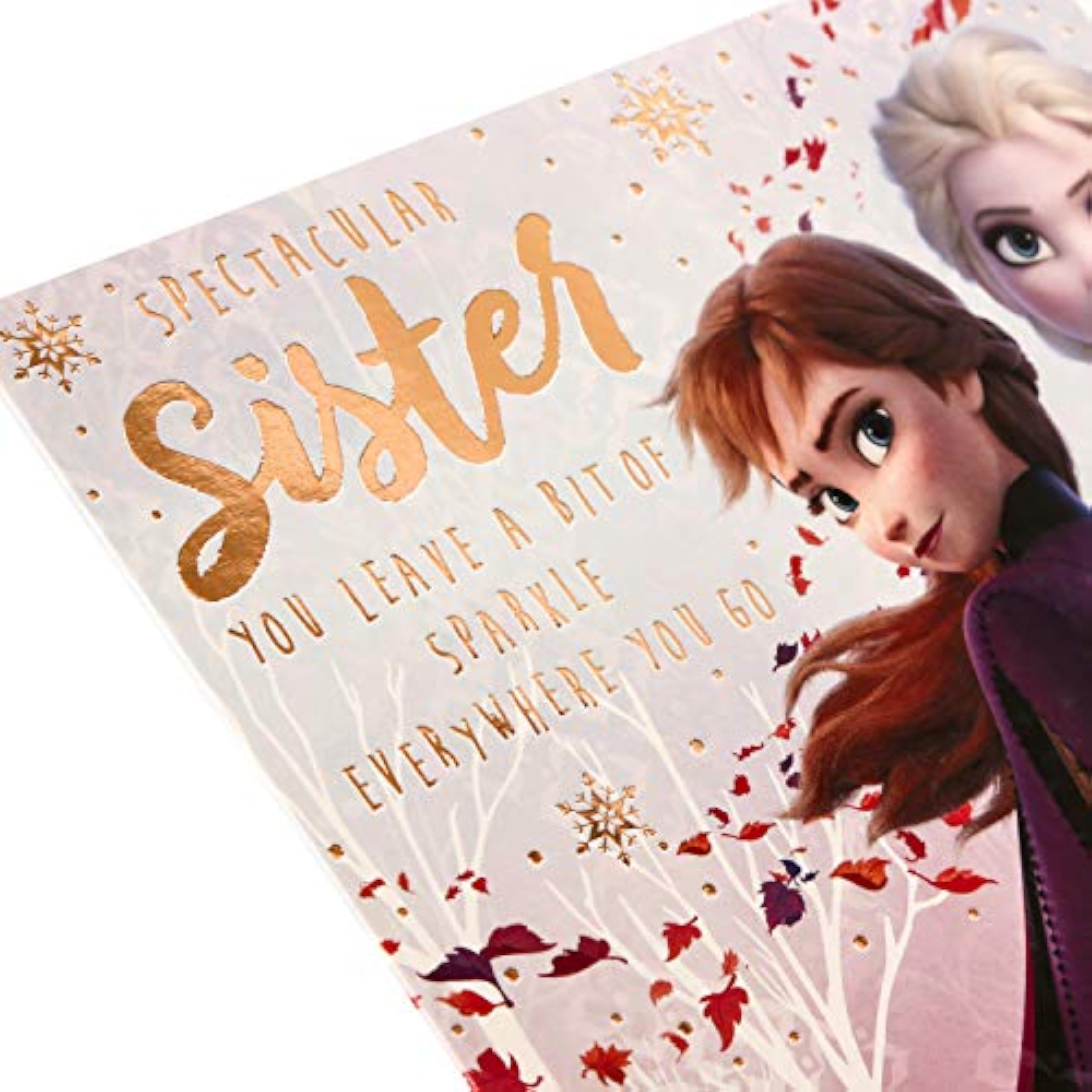 Hallmark Disney Frozen birthday card for sister featuring Anna and Elsa with a spot the difference activity inside.