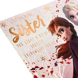 Hallmark Disney Frozen birthday card for sister featuring Anna and Elsa with a spot the difference activity inside.