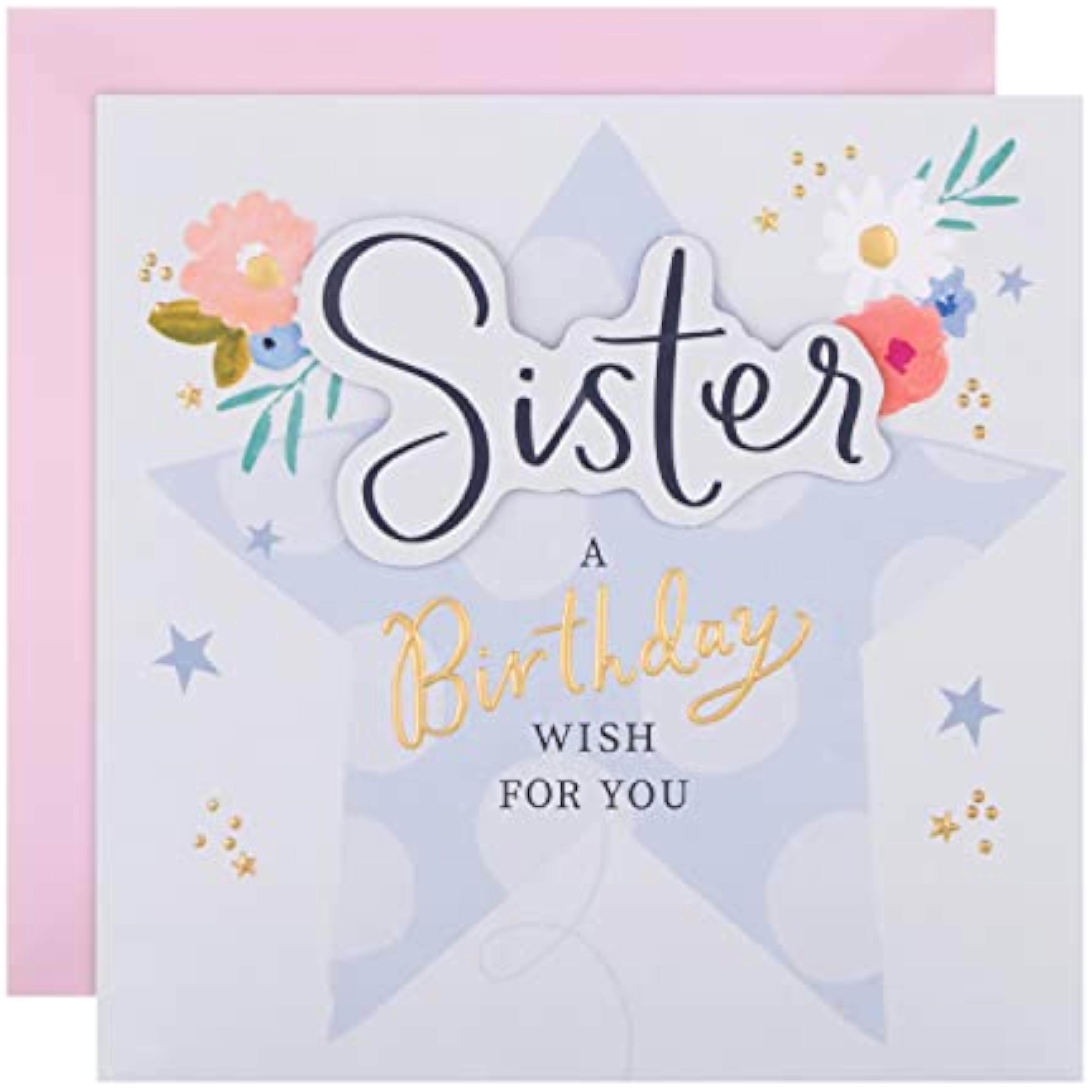 Hallmark greeting card featuring flowers and star design for sister's birthday, with colorful floral and star illustrations.