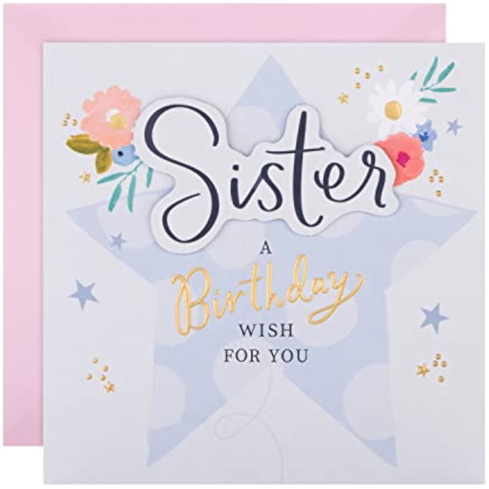 Hallmark greeting card featuring flowers and star design for sister's birthday, with colorful floral and star illustrations.