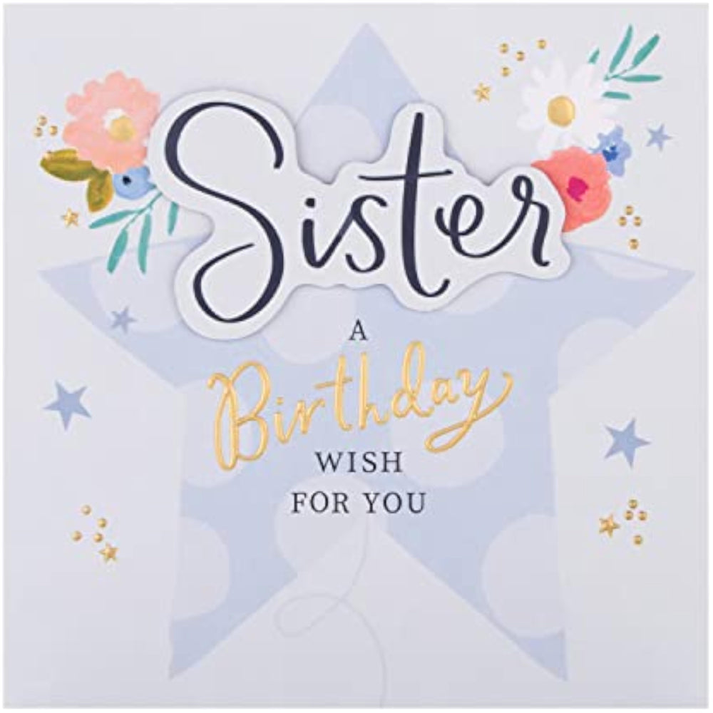 Hallmark greeting card featuring colorful flowers and a star design, perfect for sister's birthday celebration.