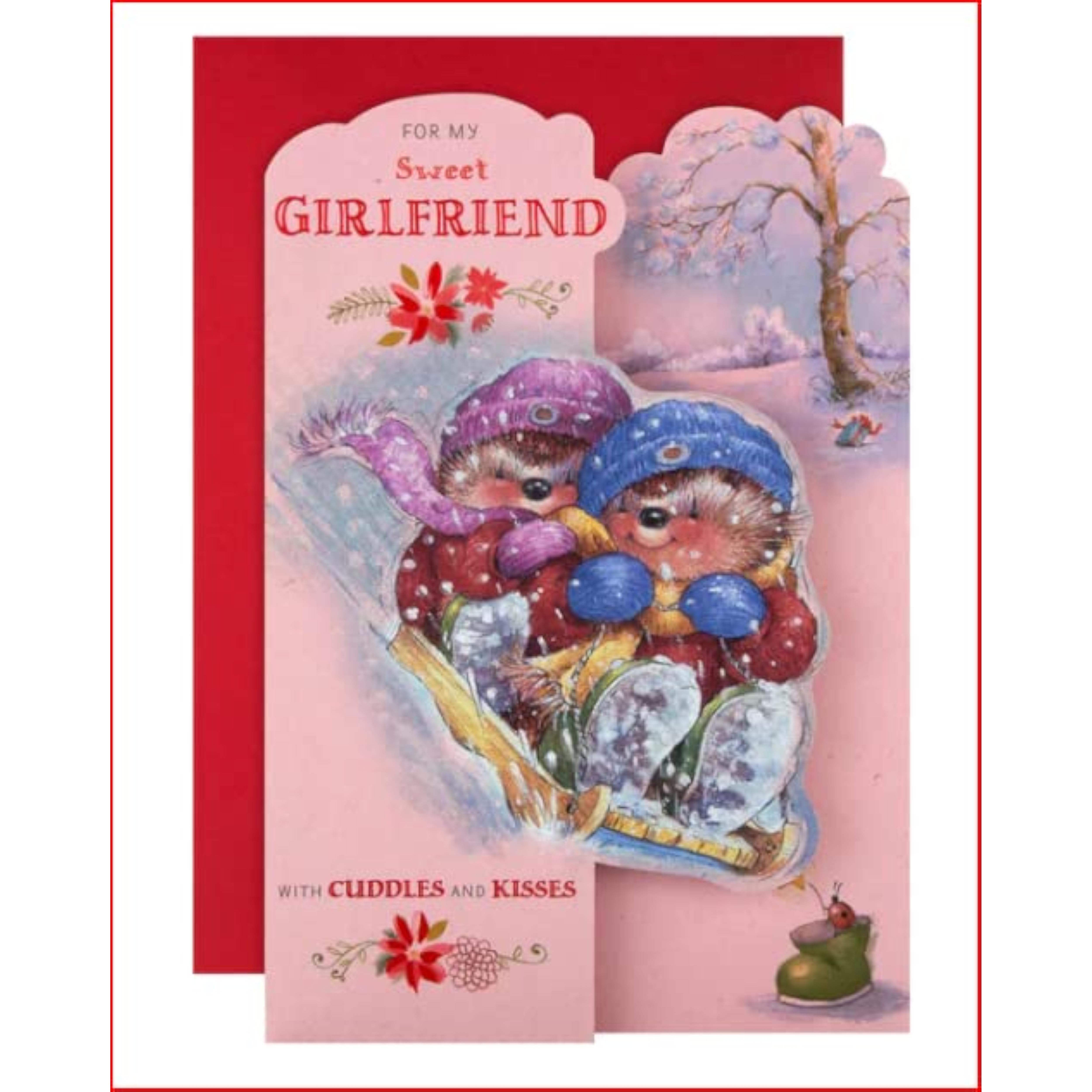 Hallmark "For My Sweet Girlfriend" 3D greeting card with cuddles and kisses design, featuring romantic illustrations and heartfelt message.