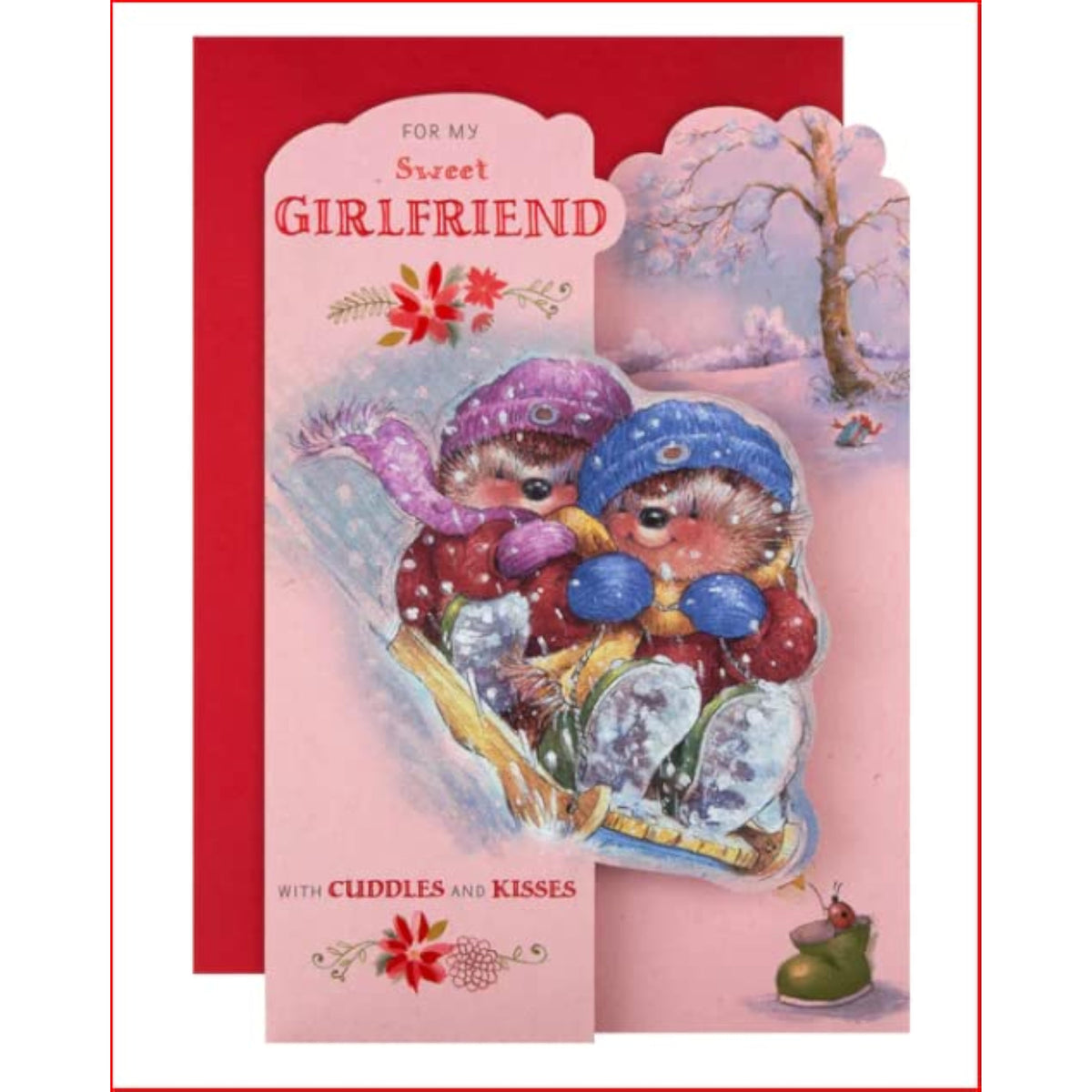 Hallmark "For My Sweet Girlfriend" 3D greeting card with cuddles and kisses design, featuring romantic illustrations and heartfelt message.